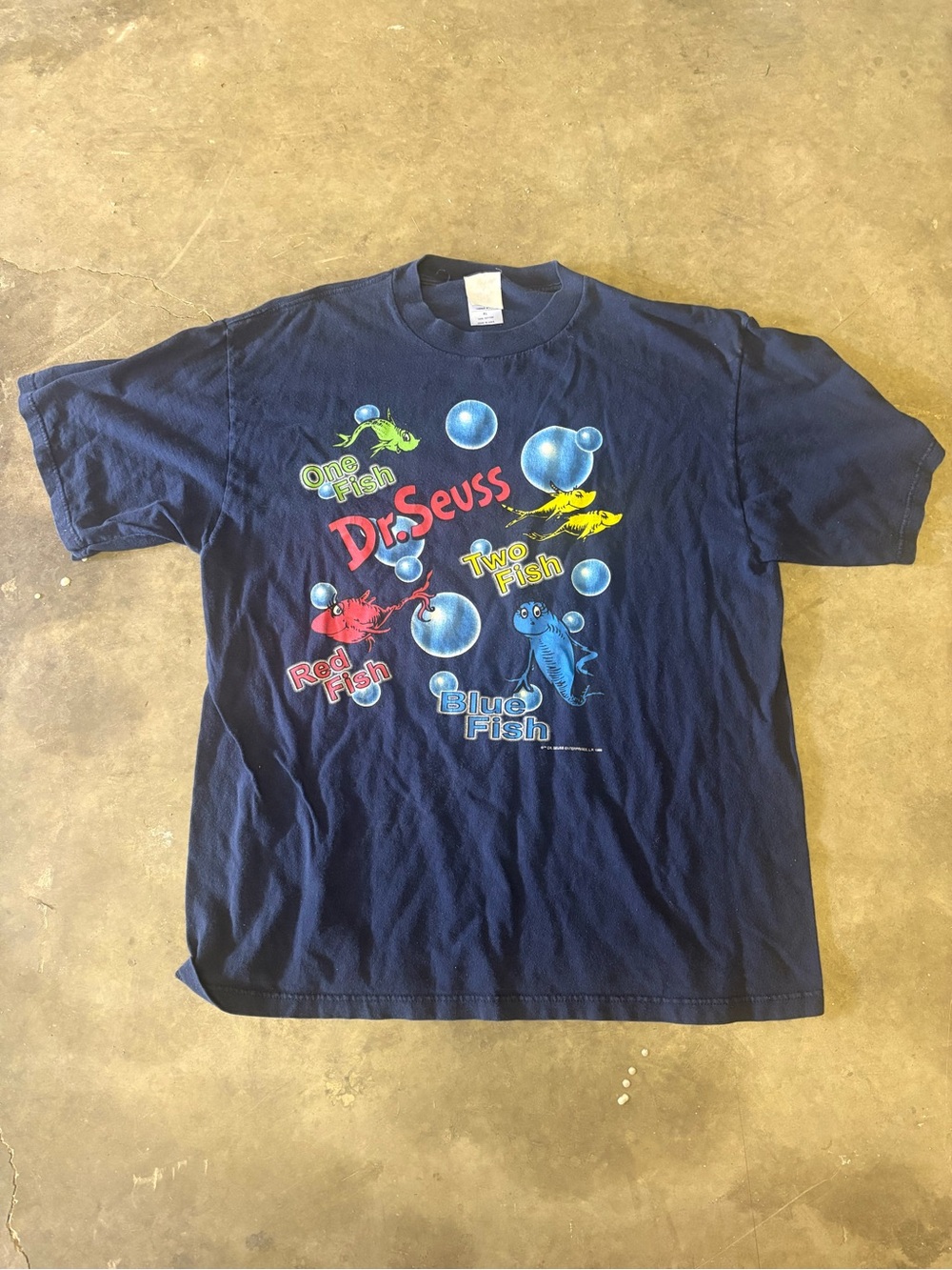 Vintage Dr. Seuss Navy Blue Graphic T‑Shirt with Multicolor Fish Print